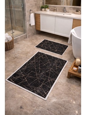 Mulberry Modern Çizgili Çerçeve Banyo Paspası Kaydırmaz Tabanlı Yumuşak 2’li Set