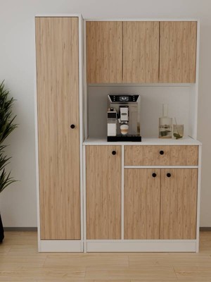 Alfimo Mobilya Monnalis Kilerli Kahve Köşesi Çok Amaçlı Dolap 5 Raflı Mutfak Dolabı Gövde Beyaz & Kapak Atlantik Çam