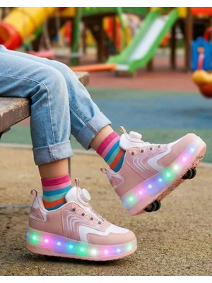 Mocno Kız Çocuk Patenli Işıklı Rahat Spor Ayakkabı & Yeni Model Tarz Patenli Kaykay Tekerlekli Sneakers Pudra Pembe