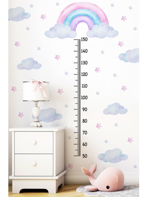 Msticker Soft Renklerde Gökkuşağı Güneş Bulut ve Yıldızlar Temalı Boy Ölçer Boy Cetveli Sticker Seti Çocuk