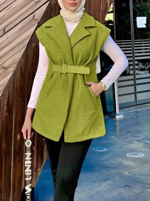 Modamorfo Kemer Detaylı Cepli Buklet Yelek -Yağ Yeşili