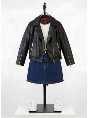 Asus Deri - Hakiki Kuzu Derisi Biker Model Kız Çocuk Siyah Ceket