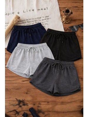 Mmetalic Kadın 4'lü Yırtmaçlı Penye Kumaş Regular Fit Siyah-Lacivert-Gri-Antrasit Kısa Mini Günlük Şort