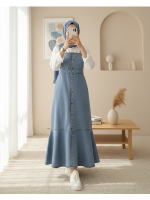 Modamorfo Önden Düğmeli Yan Cepli Eteği Fırfırlı Kot Jile -Buz Mavi
