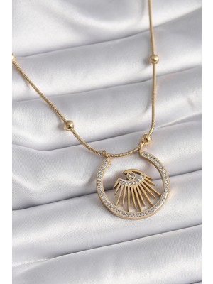 Uslucan Alışveriş 316L Çelik Gold Renk Zirkon Taşlı Göz Model Kadın Kolye