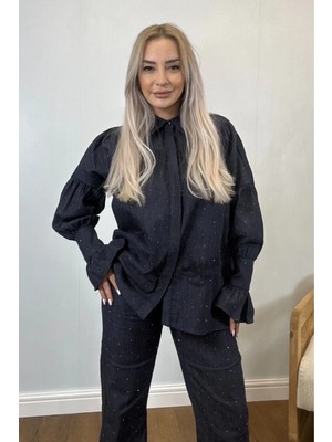 Muna Boutique Antax Taş Işlemeli Balon Kol Denim Kadın Alt Üst Takım - Antrasit / Siyah