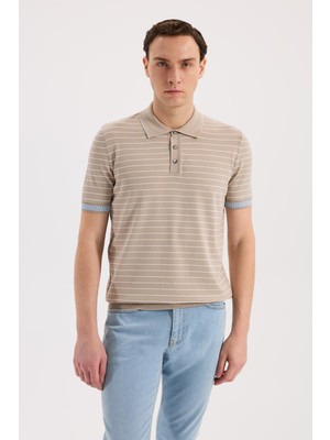 Jakamen Bej Slim Fit Çizgili Rayon Polo Yaka T-Shirt