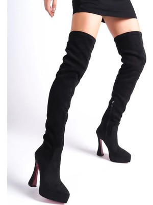 Ayakkabı Ateşi Siyah Süet Platform Tasarım Kadın Çizme Yüksek Topuklu Ayakkabı Cora