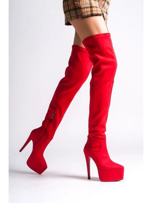 Ayakkabı Ateşi Kırmızı Süet Platform Özel Tasarım Topuklu Kadın Ayakkabı Isabella