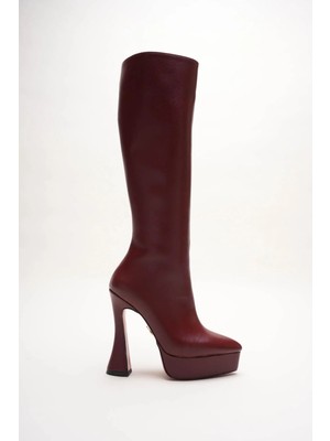 Ayakkabı Ateşi Kadın Bordo Cilt Platform Tasarım  Çizme Yüksek Topuklu Ayakkabı Violet