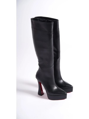 Ayakkabı Ateşi Kadın Siyah Cilt Platform Tasarım  Çizme Yüksek Topuklu Ayakkabı Violet