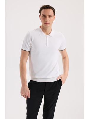 Jakamen Beyaz Slim Fit Triko Fermualı Polo Yaka T-Shirt