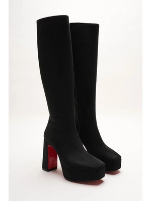Ayakkabı Ateşi Siyah Süet Platform Tasarım Kadın Çizme Orta Topuklu Ayakkabı Paman