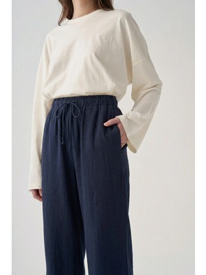 ALLDAY Lacivert-Beli Lastikli Müslin Pantolon