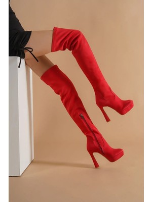 Ayakkabı Ateşi Kırmızı Süet Yüksek Topuklu Diz Üstü Kadın Çizme Angle