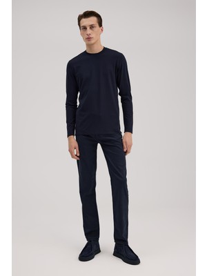 Jakamen Lacivert Slim Fit Bisiklet Yaka Rayon Uzun Kollu Basic T-Shirt