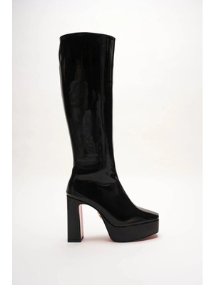 Ayakkabı Ateşi Siyah Rugan Platform Tasarım Kadın Çizme Orta Topuklu Ayakkabı Paman