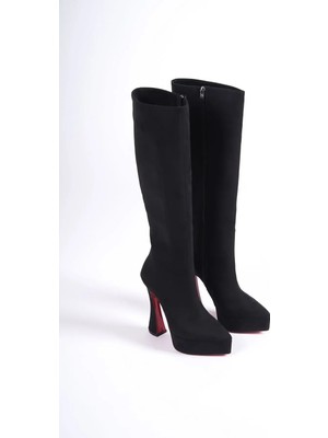 Ayakkabı Ateşi Kadın Siyah Dana Süet Platform Tasarım  Çizme Yüksek Topuklu Ayakkabı Violet