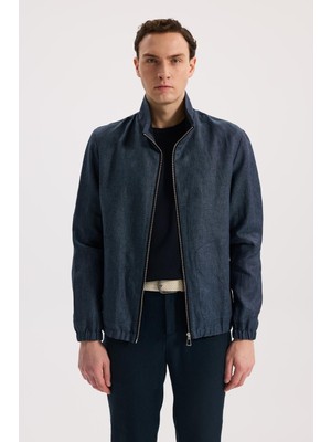 Jakamen Lacivert Comfort Fit %100 Keten Mevsimlik Spor Mont