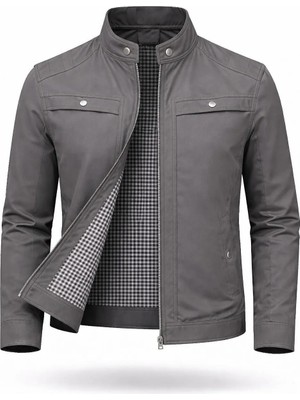 Regos Erkek Gri Göğüs ve Kolları Çıtçıt Detaylı Omuzları Işlemeli Ince Mevsimlik Mont Ceket