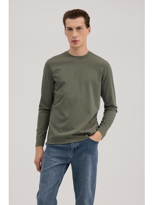 Jakamen Haki Slim Fit Bisiklet Yaka Rayon Uzun Kollu Basic T-Shirt