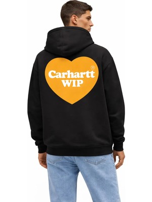 Camblys Unisex Carhart Ön Kalp Sırt Logo Baskılı Oversıze %100 Pamuklu Nefes Alan Sweatshırt Hoodıe
