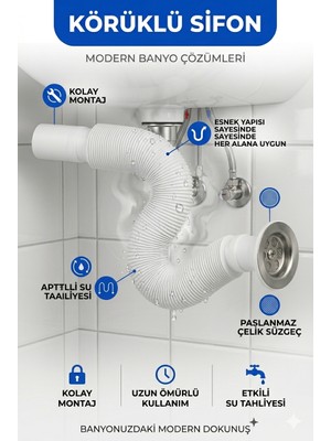 Primeaks Körüklü Lavabo Sifonu | Esnek Gider Borusu | Kolay Montaj | Koku Önleyici