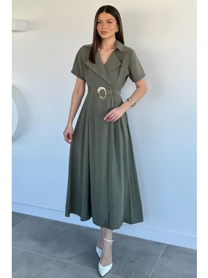 Gülseli Kadın Tensel Kumaş Kruvaze Yaka Kemerli Elbise P-00020958