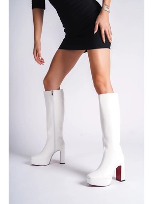 Ayakkabı Ateşi Beyaz Cilt Platform Tasarım Kadın Çizme Orta Topuklu Ayakkabı Paman