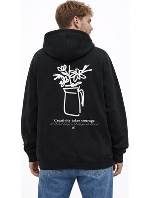 Camblys Unisex Vazo ve Cıcek Sırt Baskı Oversıze %100 Pamuklu Nefes Alan Sweatshırt Hoodıe