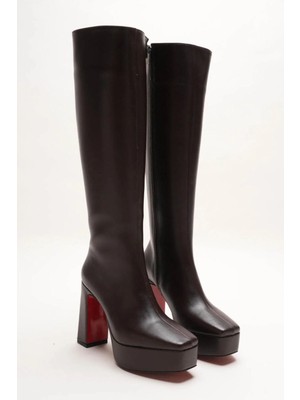 Ayakkabı Ateşi Kahverengi Cilt Platform Tasarım Kadın Çizme Orta Topuklu Ayakkabı Paman