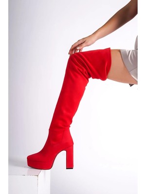 Ayakkabı Ateşi Kırmızı Süet Platform Tasarım Kadın Çizme Yüksek Topuklu Ayakkabı Valencia