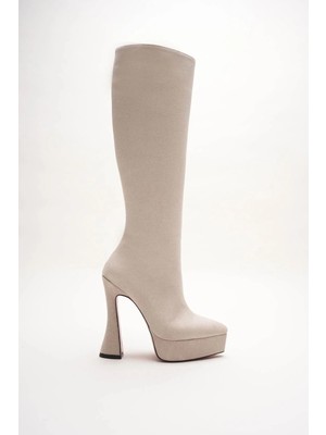 Ayakkabı Ateşi Kadın Bej Dana Süet Platform Tasarım  Çizme Yüksek Topuklu Ayakkabı Violet