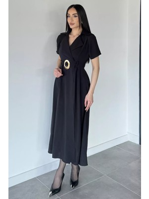 Gülseli Kadın Tensel Kumaş Kruvaze Yaka Kemerli Elbise P-00020958