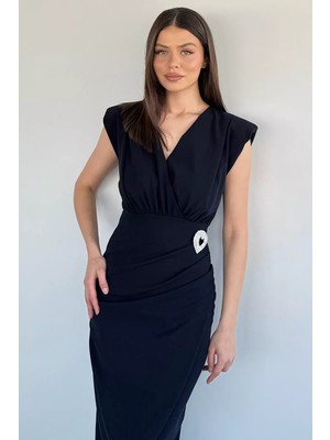 Gülseli Kadın Kruvaze Yaka Broş Detaylı Elbise P-00020956