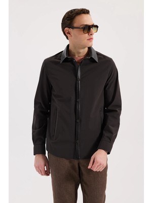 Jakamen Kahve Comfort Fit Bebe Yaka Hakiki Deri Detaylı Mevsimlik Spor Mont