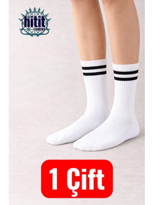 Hitit Socks 1 Çift Ekonomik Yüksek Pamuklu Siyah Çizgili Kolej Çorap Beyaz