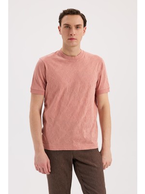 Jakamen Yavru Ağzı Slim Fit Bisiklet Yaka Desenli %100 Pamuk T-Shirt