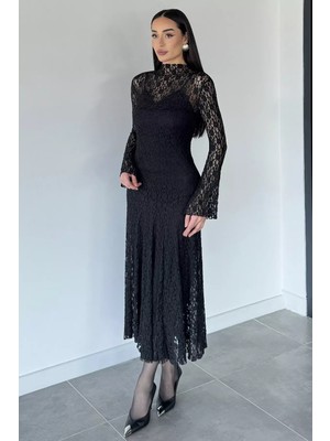 Gülseli Kadın Giyilebilir Astarlı Eteği Volanlı Dantel Elbise P-00020957