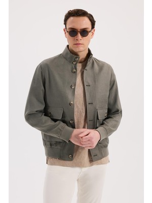 Jakamen Haki Comfort Fit %100 Keten Mevsimlik Dik Yaka Mont