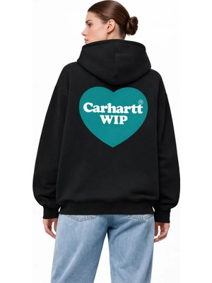 Camblys Unisex Carhart Ön Kalp Sırt Logo Baskılı Oversıze %100 Pamuklu Nefes Alan Sweatshırt Hoodıe