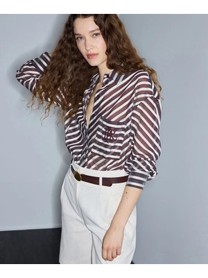 İpekyol Monogram Nakışlı Çizgi Desen Gömlek IS1260025262008