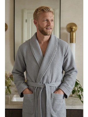 Green Black Afra Elite Serisi Erkek Pike Bornoz Gri, Oeko Tex Standard 100 Sertifikalı %100 Ege Pamuğu, Dokuma 250 GSM