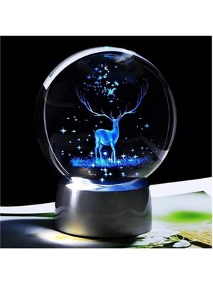 TeknoKapsül Kristal Cam Küre Renk Değiştiren LED Işıklı Gece Lambası Dekoratif Hediyelik (Geyik)