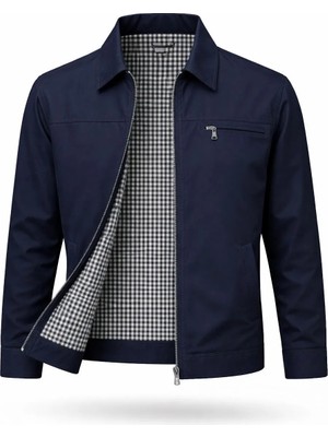 Regos Erkek Lacivert Battal Boy Klasik Yakalı Ince Yazlık Mevsimlik Mont