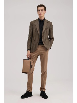 Jakamen Kahve Slim Fit Mono Yaka Kazayağı Desenli Ceket