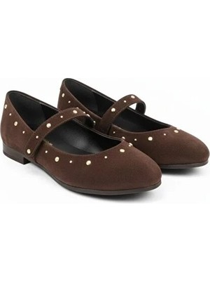 Ne&Ve Shoes Kahve Süet Pim Detaylı Yuvarlak Burunlu Kadın Günlük Babet