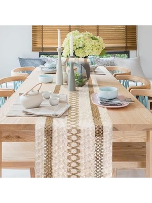 TeknoKapsül Masa Örtüsü, Tarzı Doğal Kumaş, El Yapımı Püsküllü Pamuklu Kumaş Dekorasyon, Düğün Partisi ve Çiftlik Evi Yemek Masaları Için (30X180CM)