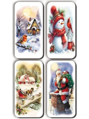 TeknoKapsül 4 Lü Simli Magnet Yeniyıl Yılbaşı Kardan Adam Kar Manzaraları Hediye Magnet (5,5 x 11 Cm)