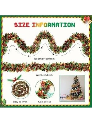 TeknoKapsül 1 Adet 1.7m Cicili Bicili Yılbaşı Püskül Metalik Ağacı Parlak Çelenk Süslemeleri (Kırmızı Yeşil, Kırmızı-Yeşil